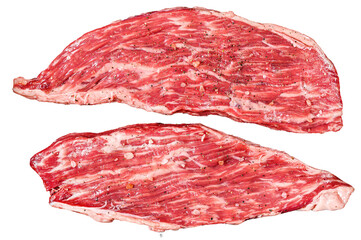 Raw marbled beef steak in a frying pan.  Isolated, transparent background