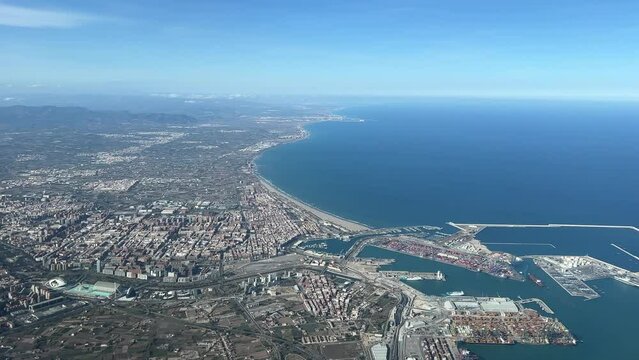Panoramic aerial view of Valencia city, Spain, in a splendid spring morning. A pilot&rsquo;s perspective at 3000m high.