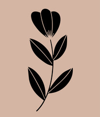Ornamental flower and leaves black silhouette. Motif in scandinavian style set. Ethnic flat illustration in black.