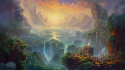 Obraz premium Painting of epic view from a mountai top with waterfall and in the far distance there is a wild forest with high rising trees rising up from the canopy with the sky filled with dancing s. generativ ai