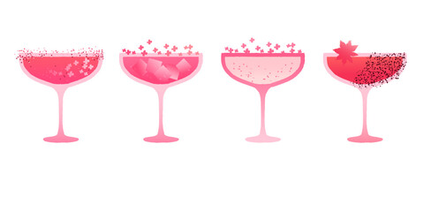 Margarita dessert glass set. Alcohol drink with flowers and ice cubes. Spiced drink. Refreshing pink cocktail for bar. Flat vector illustration with texture and gradient