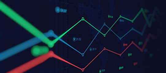 Financial graph with up trend line chart in stock market on Widescreen blue color background