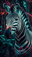 Zebra In Realistic Photography Style In Colorful Tropical Jungle Detailed Portrait Front Lock Generative Ai Digital Illustration Part#140423