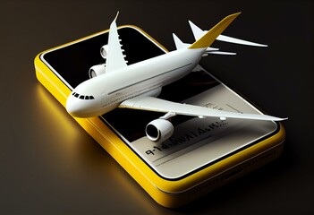 Travel and mobile booking concept with blank white smartphone screen with place for web site or application name, yellow suitcases, ticket and graphic aircraft on dark background. 3D. Generative AI