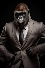 AI generated studio portrait of a gorilla wearing a suit - obrazy, fototapety, plakaty