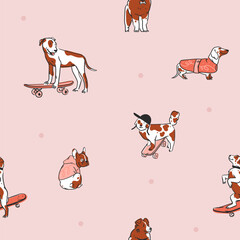 Hand drawn vector abstract graphic line art seamless pattern with diverse cute cartoon dogs characters.Vector illustration of funny cartoon different breeds dogs in trendy flat style. Line dog icon.