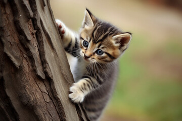 Naklejka na ściany i meble cute kitten wants to climb a tree