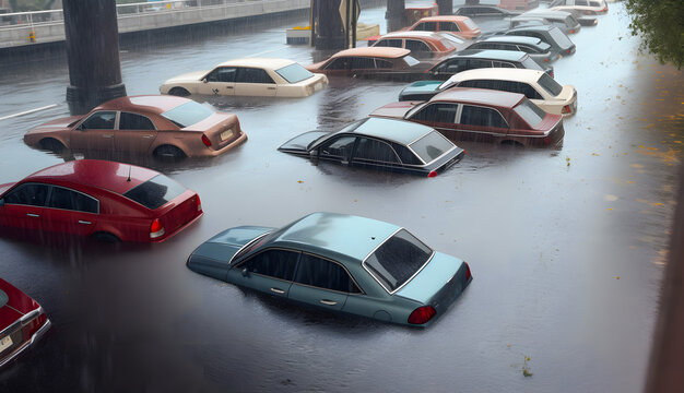 Flooded cars up to the roof in the water after heavy rains in the city, a local cataclysm of the vagaries of nature. Generative AI