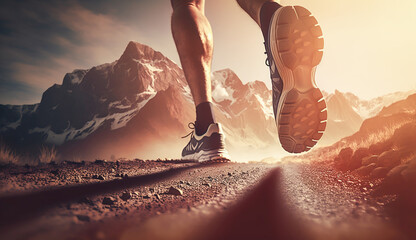 runner athlete running feet with sunlight, training to be winner, self challenge theme concept, AI generative.