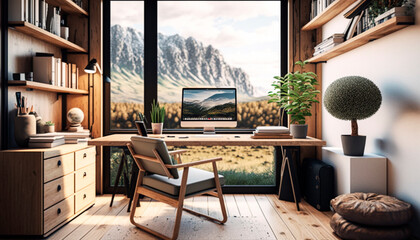 A home work setup with a computer on desk with a breathtaking view of the mountains, generative ai