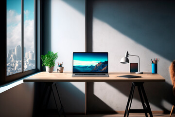 Obraz na płótnie Canvas A home work setup with notebook on desk, generative ai