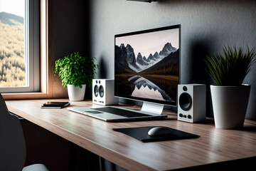 A home work setup with computer on desk, generative ai
