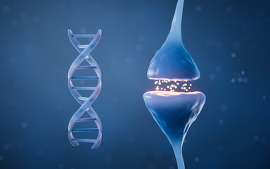 Synapse of neuron cell and DNA, 3d rendering.
