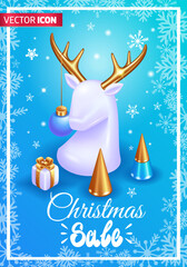 Realistic 3D Isometric illustration. Poster of the Christmas sale. Minimalist design with a white deer with golden horns and cone-shaped beautiful Christmas trees. Christmas trees decoration