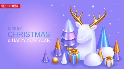 Realistic 3D Isometric illustration. Beautiful Christmas card with New Year decorations. Christmas trees, gifts and a white deer with golden horns. Merry Christmas 2023. Vector for web Design