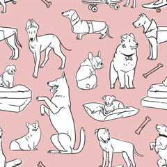 Hand drawn vector abstract graphic line art seamless pattern with diverse cute cartoon dogs characters.Vector illustration of funny cartoon different breeds dogs in trendy flat style. Line dog icon.