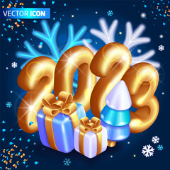 Realistic 3D Isometric illustration. Christmas with New Year decorations. Wonderful illustration with golden numbers. Gift wrapping with gold ribbon and Christmas tree