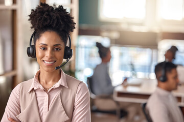 Call center woman, smile and portrait with CRM, contact us and headset for team manager in...