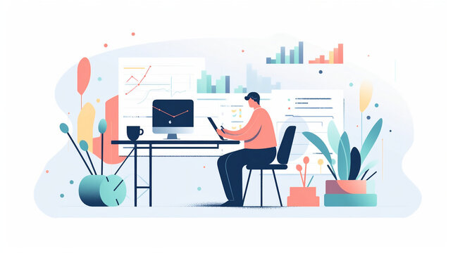 An illustration on a white background with transparent elements, representing analytics and conversion. Generative AI.