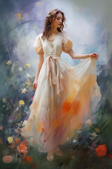Fototapeta na wymiar Generative AI has produced an oil painting of a happy woman standing in the middle of a lush flower meadow. The artwork captures the joy and serenity of a beautiful day spent in nature. 