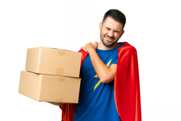 Super Hero delivery caucasian man over isolated chroma key background suffering from pain in shoulder for having made an effort