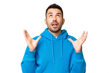 Young handsome caucasian man over isolated chroma key background stressed overwhelmed