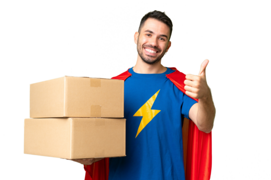 Super Hero delivery caucasian man over isolated chroma key background with thumbs up because something good has happened
