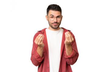 Young handsome caucasian man over isolated chroma key background making money gesture but is ruined