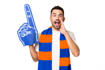 Young caucasian sports fan man over isolated chroma key background with surprise and shocked facial expression