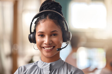 Call center woman, happy and portrait in contact us, CRM and headset with mic on mockup space. Customer service consultant, female and face smile for telemarketing sales and help desk agent in office