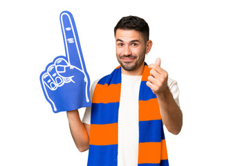 Young caucasian sports fan man over isolated chroma key background making money gesture