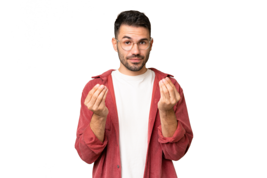 Young handsome caucasian man over isolated chroma key background making money gesture but is ruined