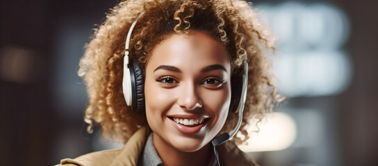 Friendly smiling operator young woman with headsets working in a call center. Created with Generative AI technology.