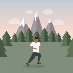 jogging sporty man on green mountain landscape