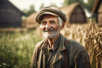Portrait of an old peasant smiling. Wheat field in background. Created with Generative AI technology.