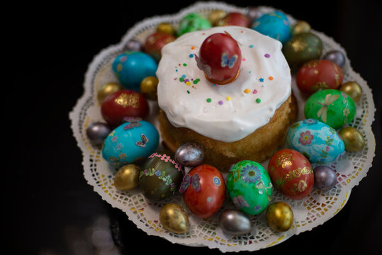 easter cake with eggs on nice dish