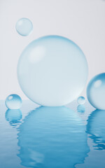 Transparent bubbles with water surface, 3d rendering.