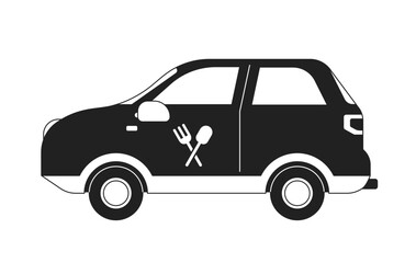 Food delivery vehicle monochromatic flat vector object. Catering service. Commercial transport. Editable thin line icon on white. Simple bw cartoon spot image for web graphic design, animation