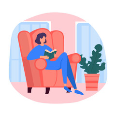 Young female character is sitting in the armchair relaxing and reading a book. Concept of people staying home in a cozy and relaxed atmosphere. Vector illustration