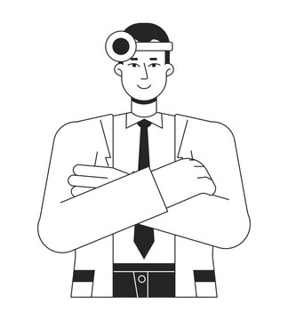 recommend clip art: Male medical doctor with head mirror flat line black white vector character. Editable isolated outline half body person. MD simple cartoon style spot illustration for web graphic design, animation