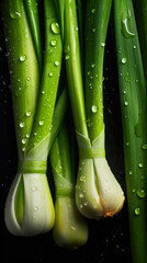 Fresh Leek background, adorned with glistening droplets of water. ai generative