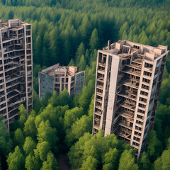 abandoned high-rise buildings in the forest, life after the disappearance of people. Generative AI illustration