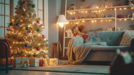 Decorated Christmas tree with gifts and decorations in a modern and cozy living room. Generative AI illustration.