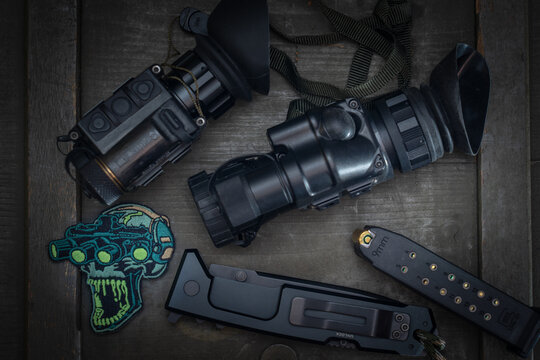 Illustrative editorial, Baltic April 2023.  Night vision device gt 14 and flir breach thermal imager.