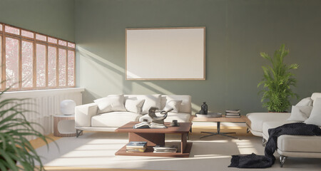 The light from the outside hit theframe on wall of the room and the sofa located inside. give a warm atmosphere.3d rendering.