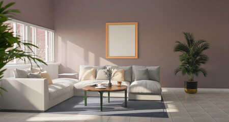The light from the outside hit theframe on wall of the room and the sofa located inside. give a warm atmosphere.3d rendering.