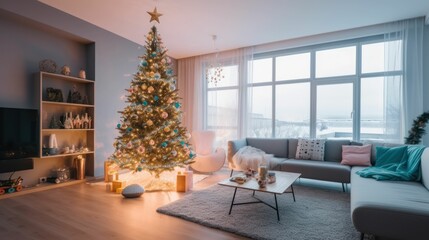 Cozy Pink and Light Blue Modern Christmas Living Room with Decorated Tree and Presents. Generative AI illustration