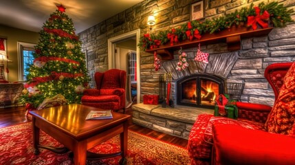 Fototapeta na wymiar Cozy rustic living room interior with a fireplace, decorated for Christmas with a tree. Generative AI illustration.