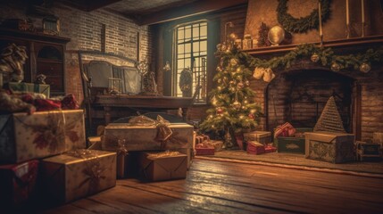 Cozy rustic living room interior with a fireplace, decorated for Christmas with a tree. Generative AI illustration.