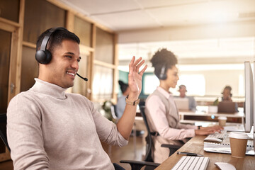Businessman, call center and meeting on computer in customer service, support or telemarketing at...